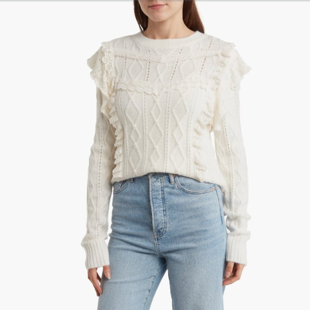 Grey‎ Collective Lace Pointelle Cable Knit Sweater Ivory/Cream SZ Medium Women's